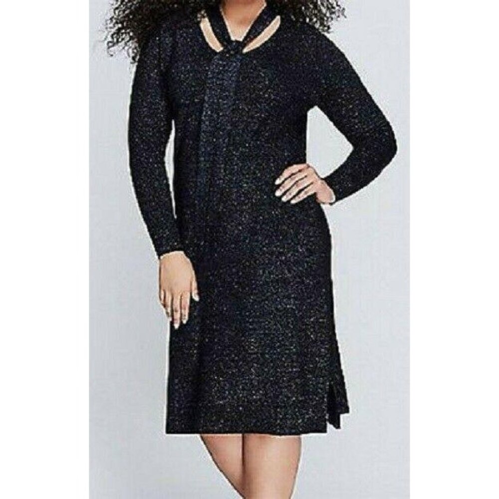 Lane Bryant Womens midi dress 18/20 blue shimmer stretch long sleeve tie neck